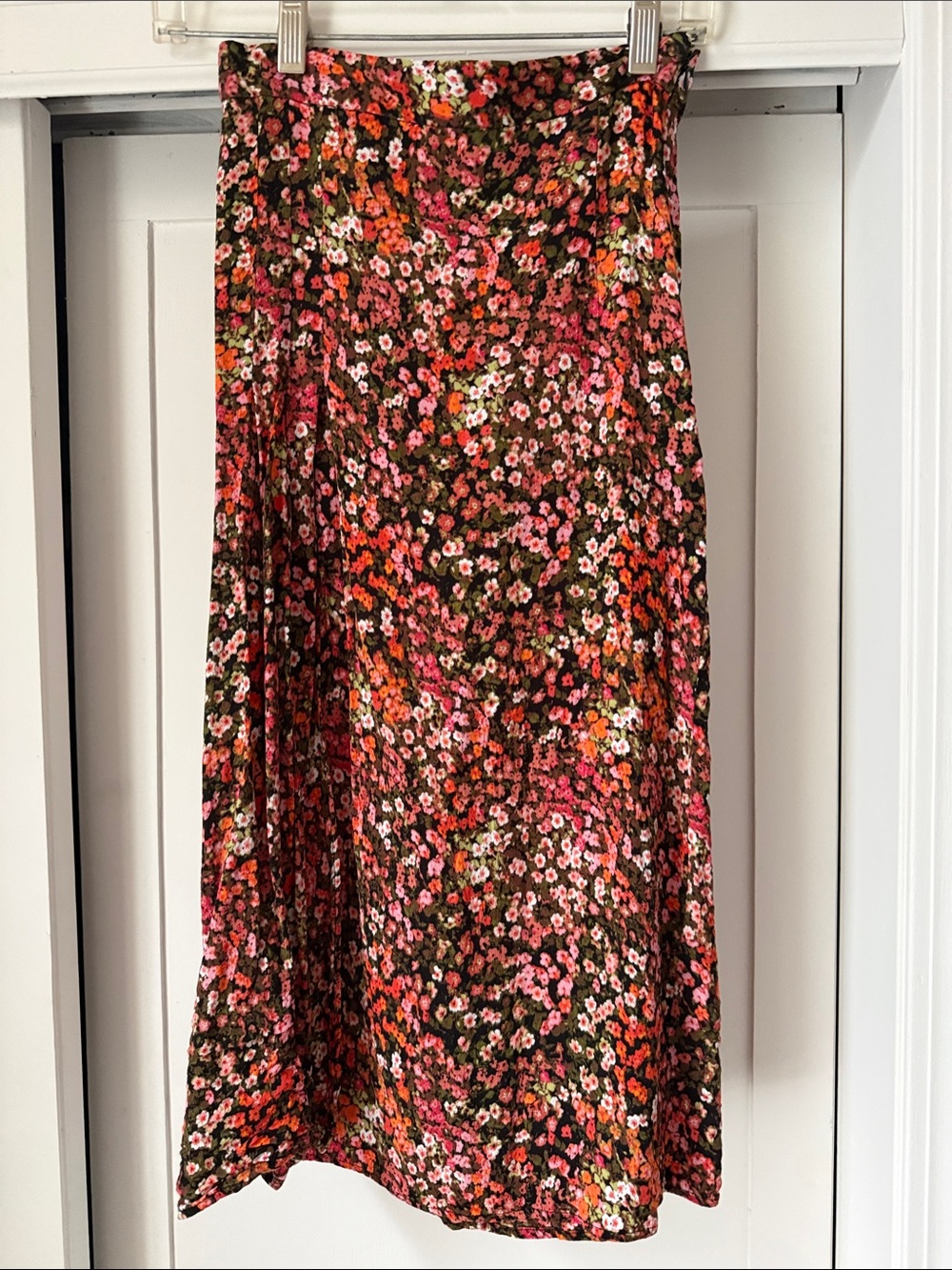 Floral Midi Skirt in Pink, Green, and Black